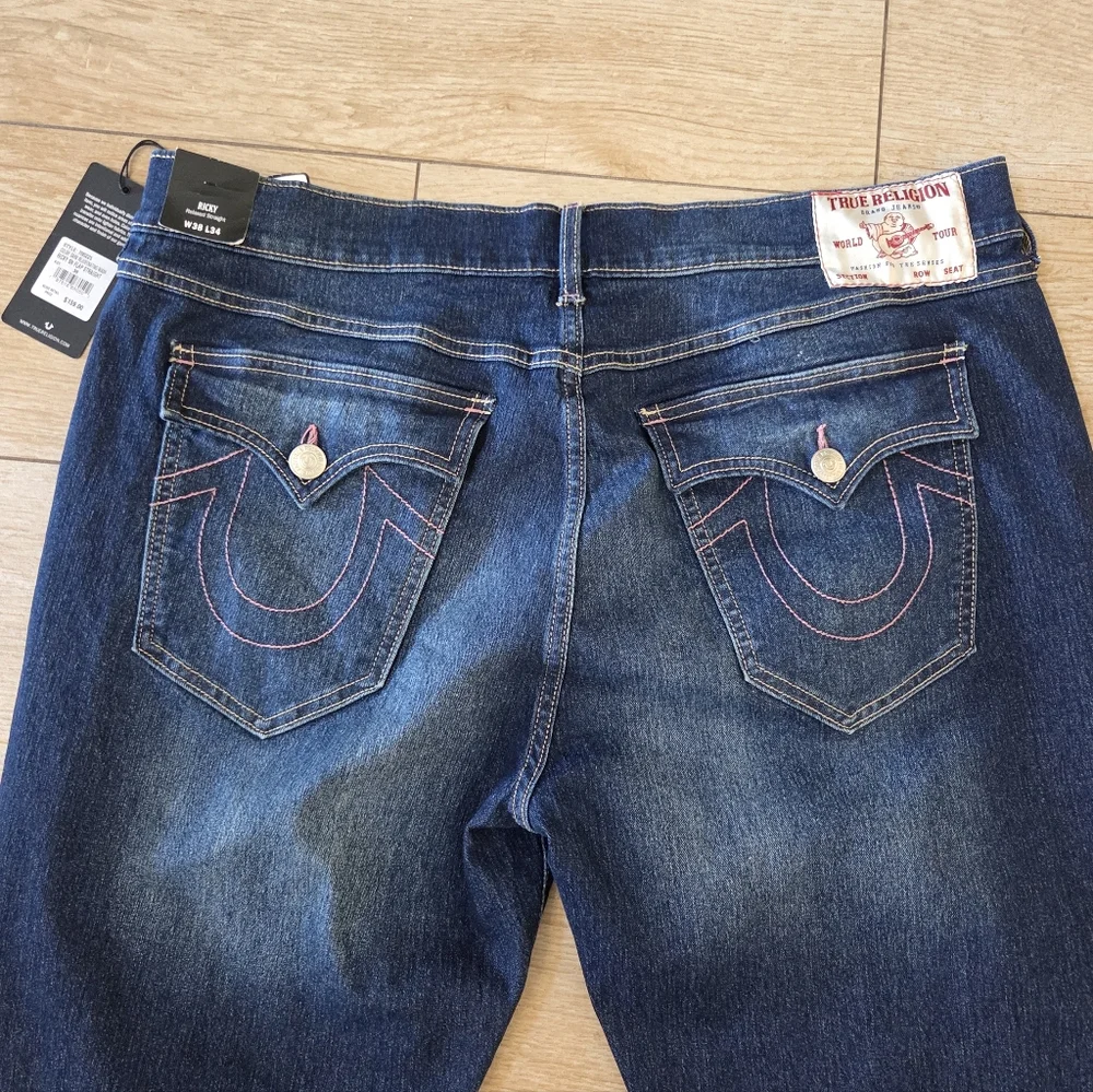 True Religion Jeans Mens 38x34 Ricky Flap SN Relaxed Dark Wash Stitch Denim